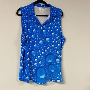Sleeveless Obnoxious Golf Polo Top with Water Droplet Print - Blue